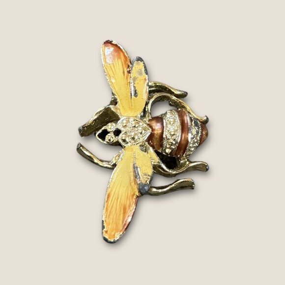 Vintage Bee Brooch Gold-Tone Rhinestone Accents Yellow & Brown Enamel 1.5x1 Inch - Picture 2 of 4
